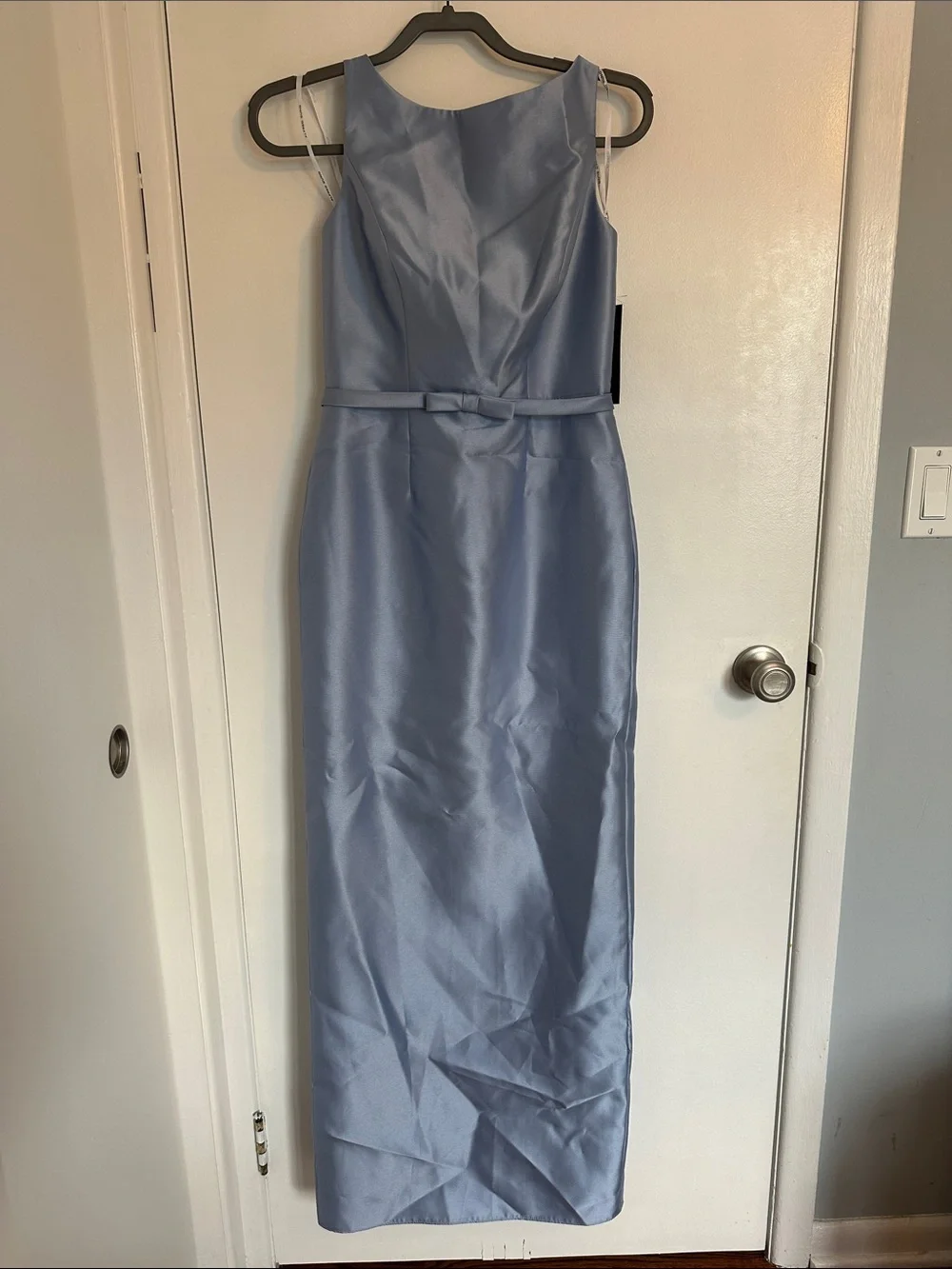 Dessy Elegant Sleeveless Light Blue Satin Maxi Dress with Belt- NWT - Picture 4 of 9